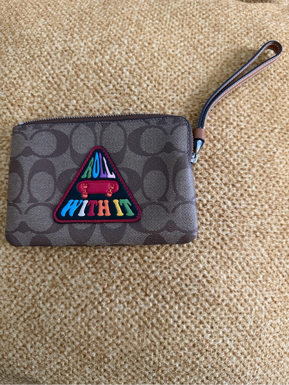 Coach Brown Signature Canvas Wristlet with Multicolor Patch